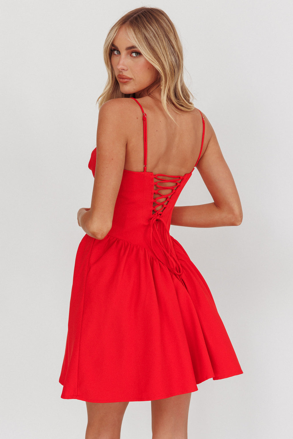 Star Signs Lace-Up Back Mini Dress Red by Selfie Leslie Australia