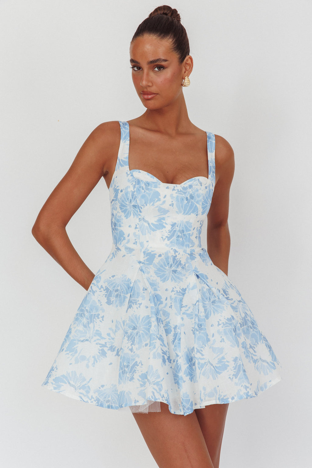 Get My Attention Off-Shoulder Mini Dress Floral Blue by Selfie Leslie Australia