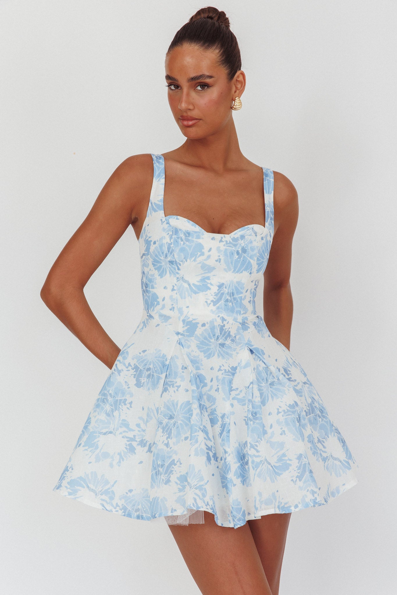 Get My Attention Off-Shoulder Mini Dress Floral Blue by Selfie Leslie Australia