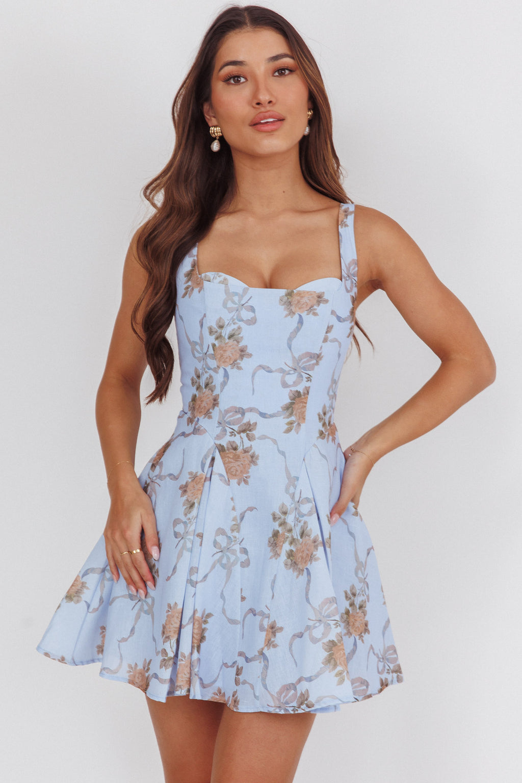 Get My Attention Basque Waist Mini Dress Floral Blue by Selfie Leslie Australia