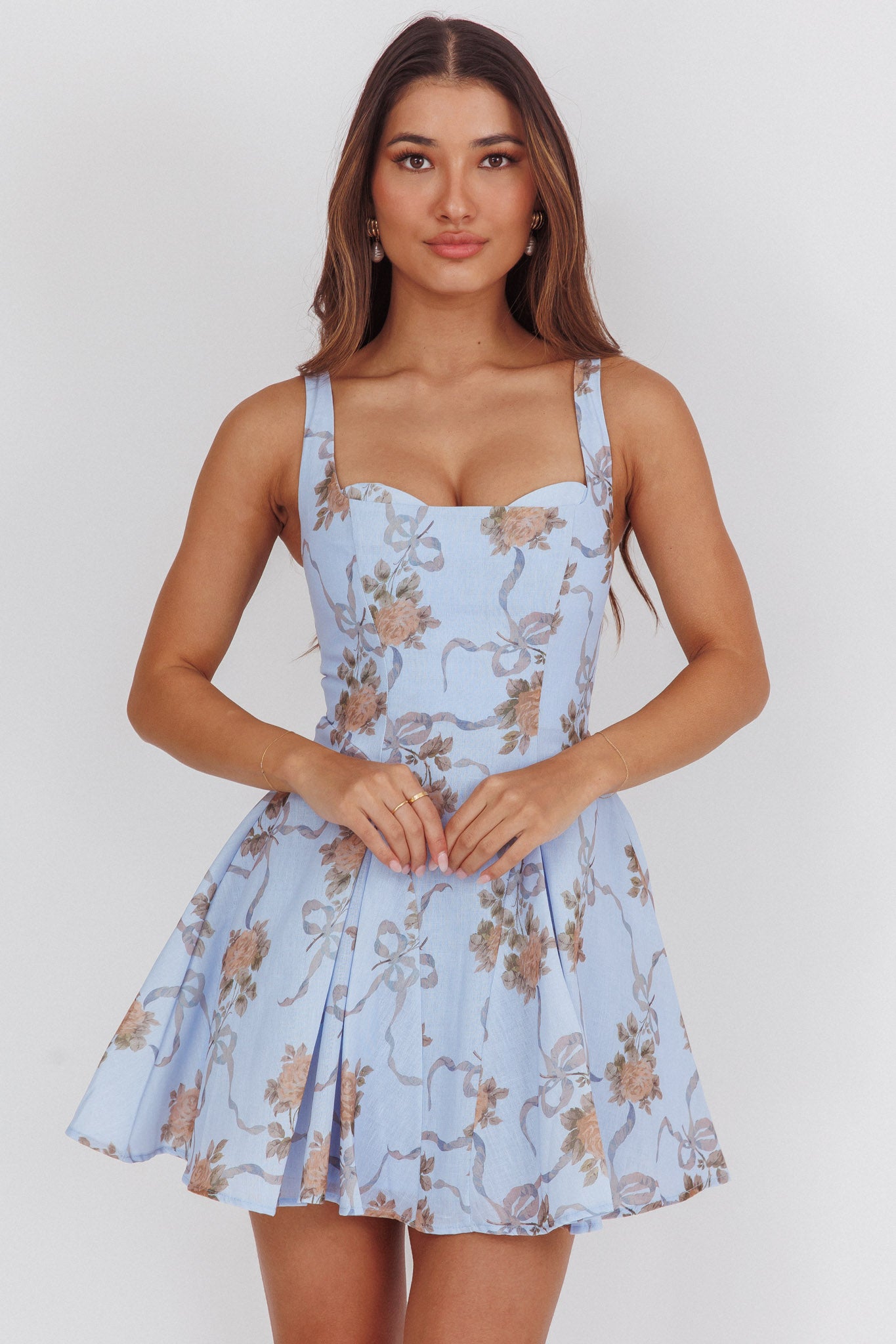 Get My Attention Basque Waist Mini Dress Floral Blue by Selfie Leslie Australia