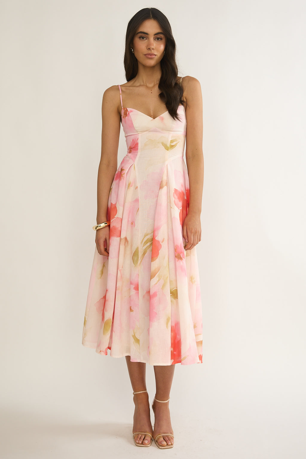 Get My Attention Pleat Waist Midi Dress Floral Pink by Selfie Leslie Australia