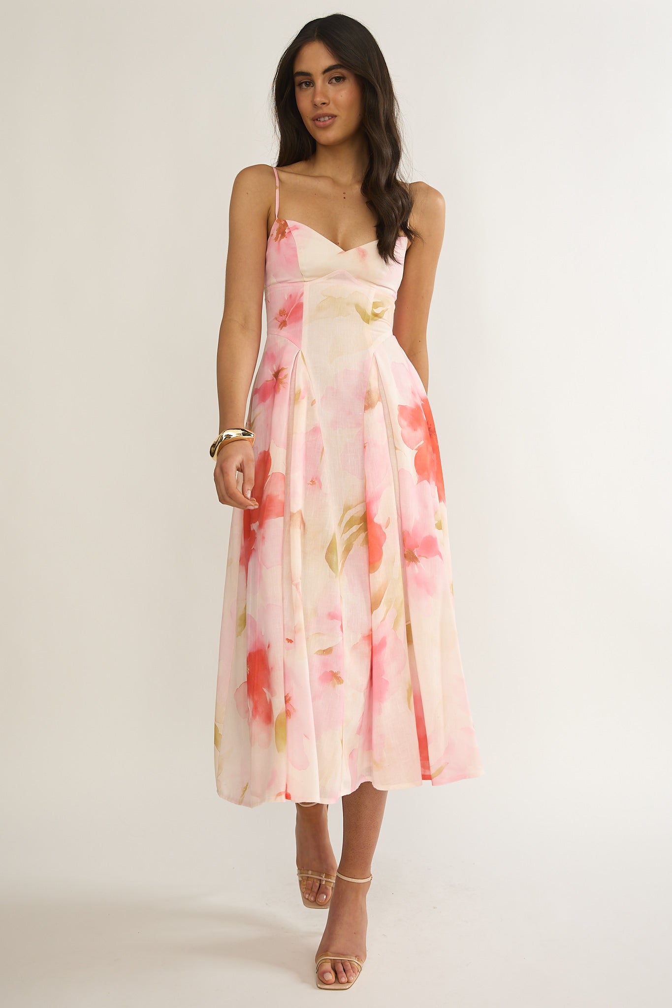 Get My Attention Pleat Waist Midi Dress Floral Pink by Selfie Leslie Australia