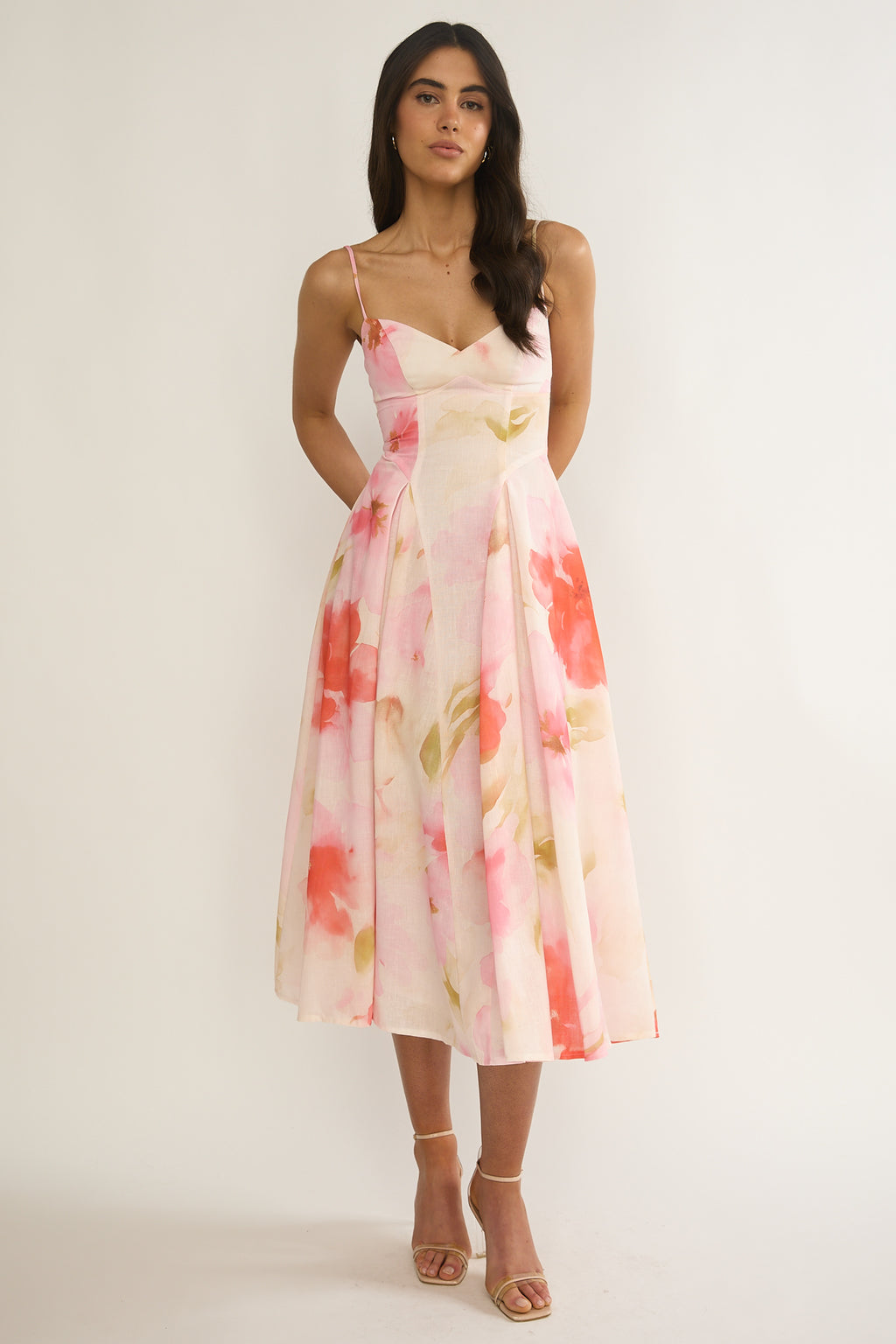 Get My Attention Pleat Waist Midi Dress Floral Pink by Selfie Leslie Australia