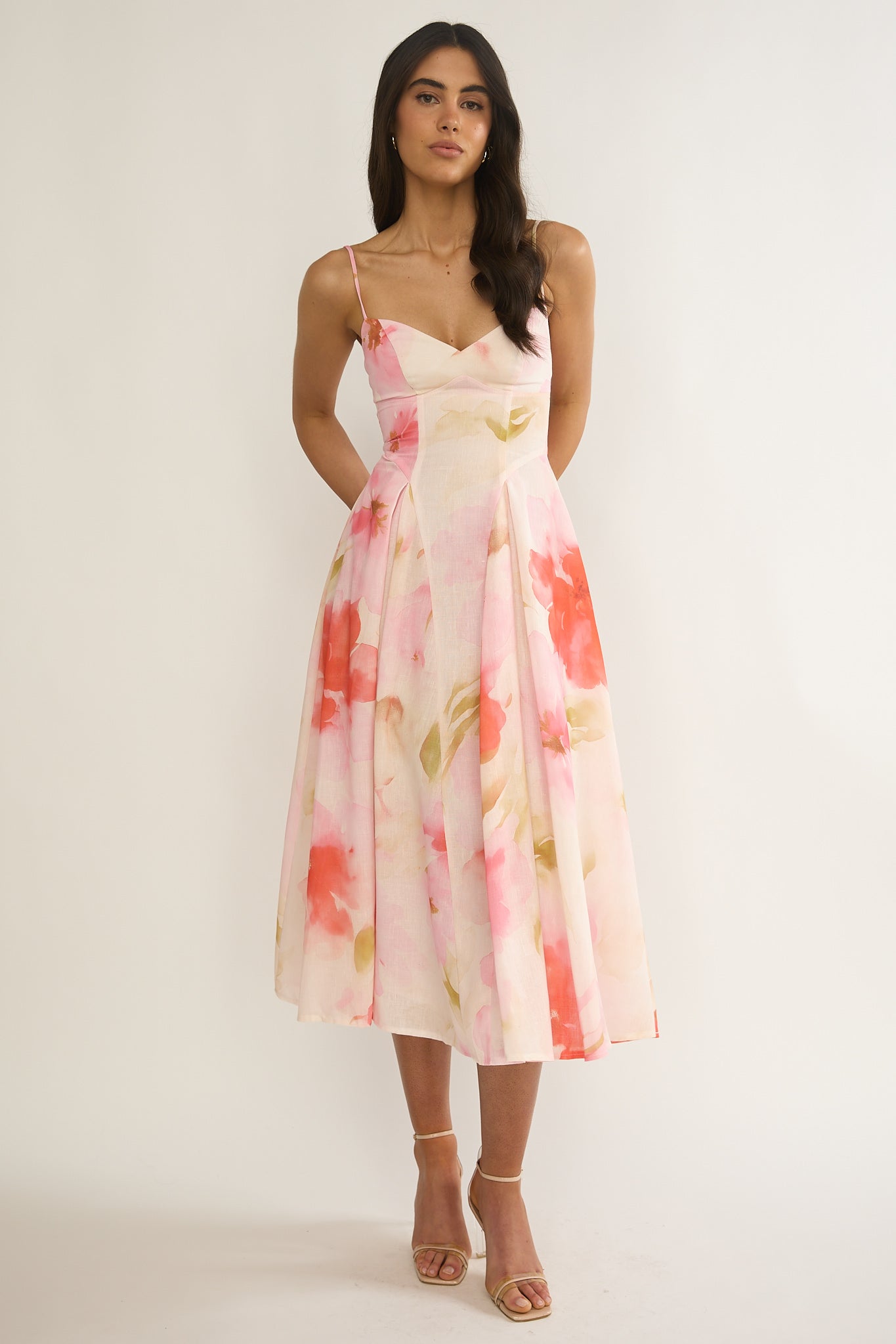Get My Attention Pleat Waist Midi Dress Floral Pink by Selfie Leslie Australia