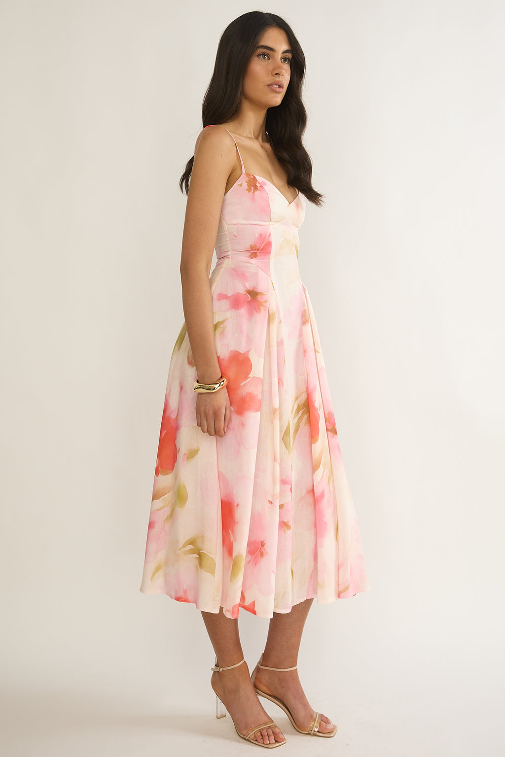 Get My Attention Pleat Waist Midi Dress Floral Pink by Selfie Leslie Australia