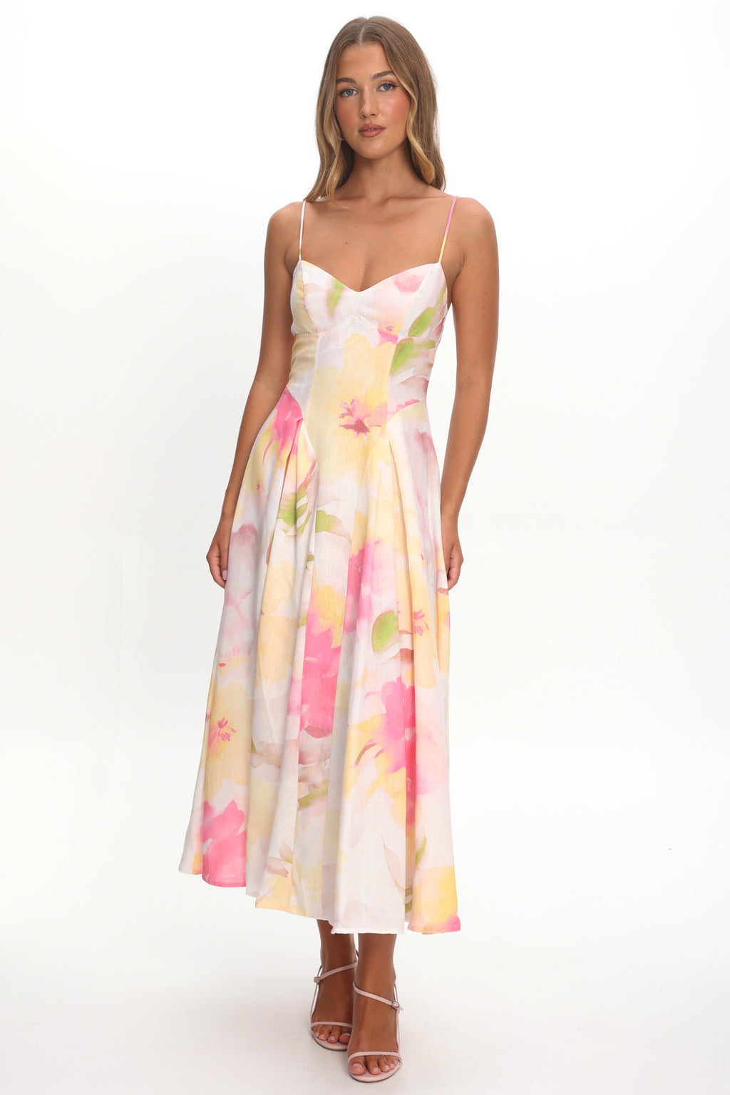 Get My Attention Pleat Waist Maxi Dress Floral Yellow by Selfie Leslie Australia