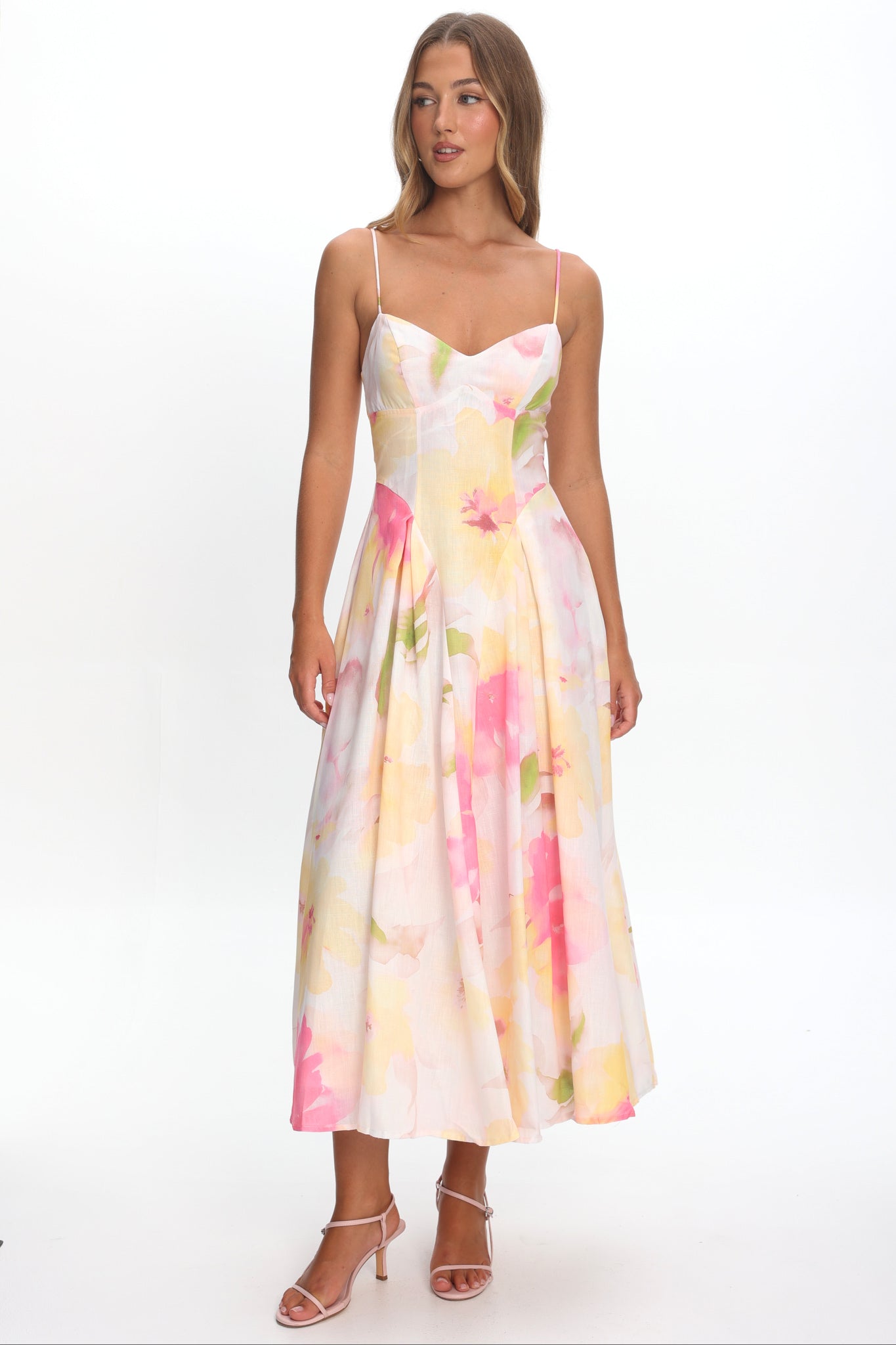 Get My Attention Pleat Waist Maxi Dress Floral Yellow by Selfie Leslie Australia