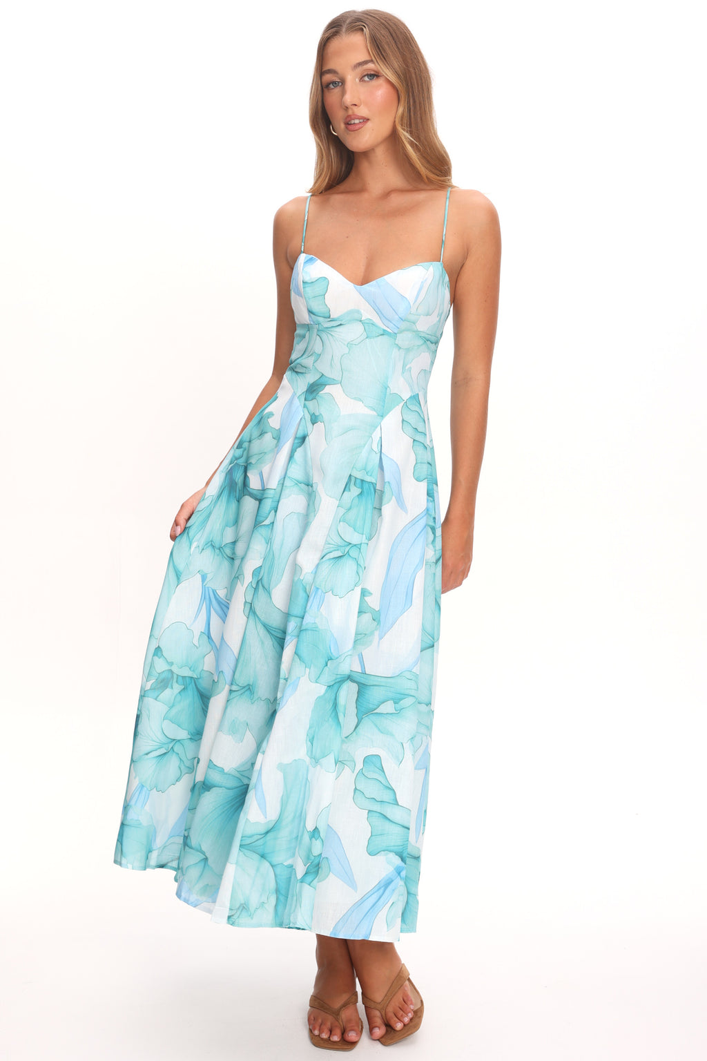 Get My Attention Pleat Waist Maxi Dress Watercolor Green by Selfie Leslie Australia