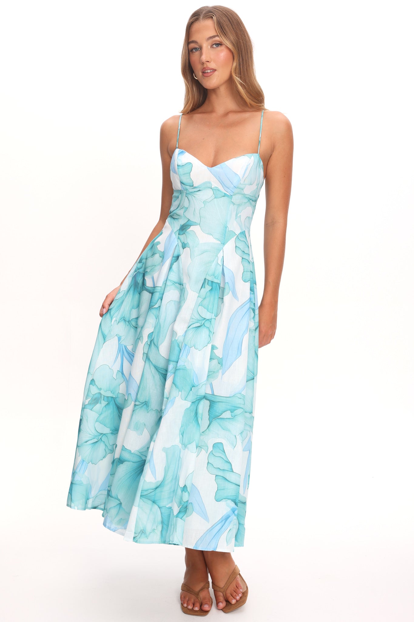 Get My Attention Pleat Waist Maxi Dress Watercolor Green by Selfie Leslie Australia