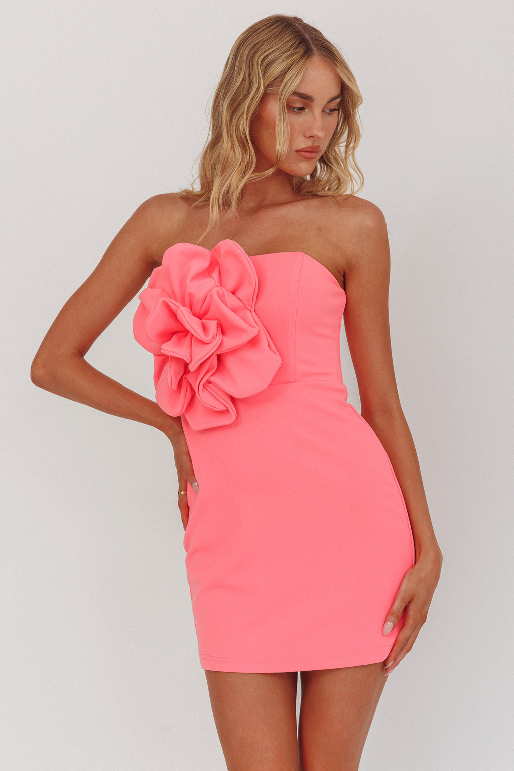 Karoline 3D Flower Strapless Mini Dress Pink by Selfie Leslie Australia