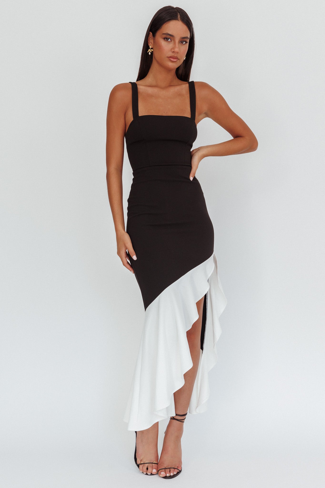 Delighted Asymmetric Hem Maxi Dress Contrast Black by Selfie Leslie Australia
