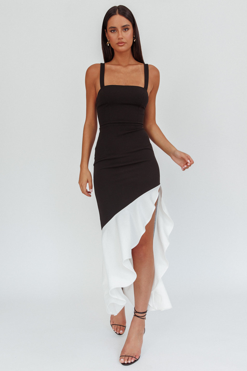 Delighted Asymmetric Hem Maxi Dress Contrast Black by Selfie Leslie Australia