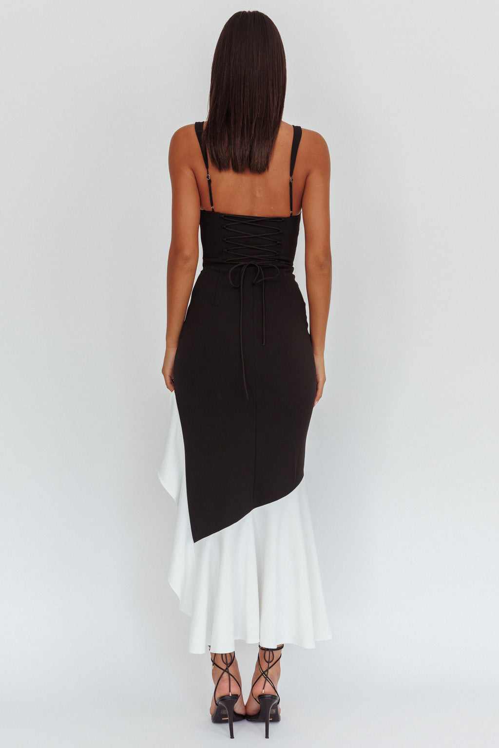 Delighted Asymmetric Hem Maxi Dress Contrast Black by Selfie Leslie Australia