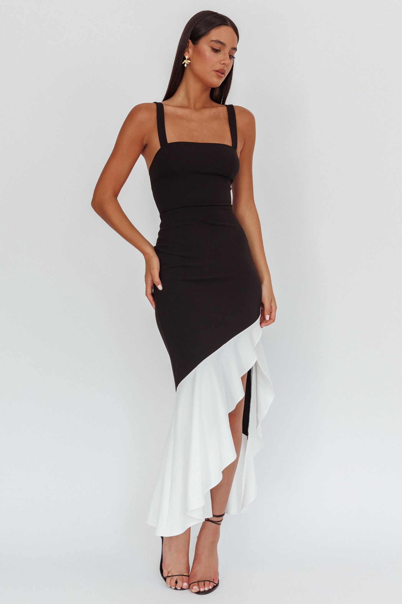 Delighted Asymmetric Hem Maxi Dress Contrast Black by Selfie Leslie Australia