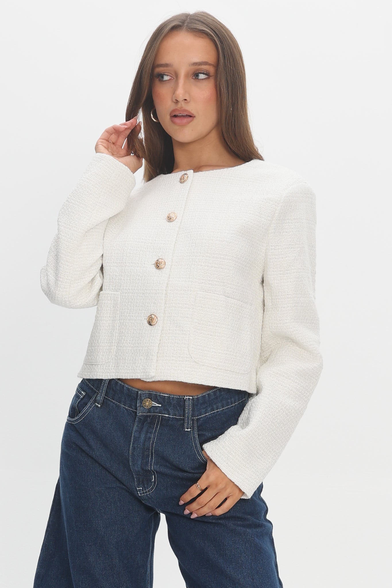 Beverly Hills Cropped Jacket Tweed White by Selfie Leslie Australia