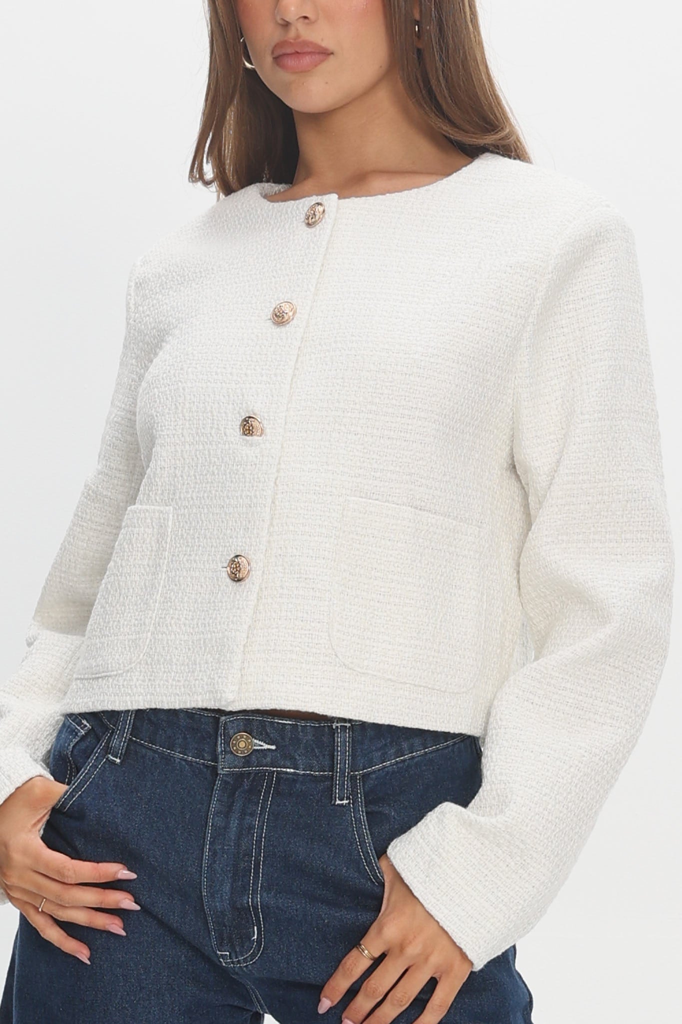 Beverly Hills Cropped Jacket Tweed White by Selfie Leslie Australia