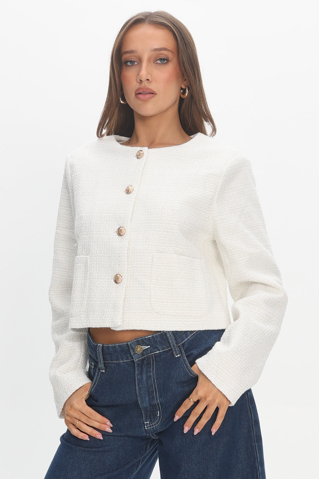 Beverly Hills Cropped Jacket Tweed White by Selfie Leslie Australia