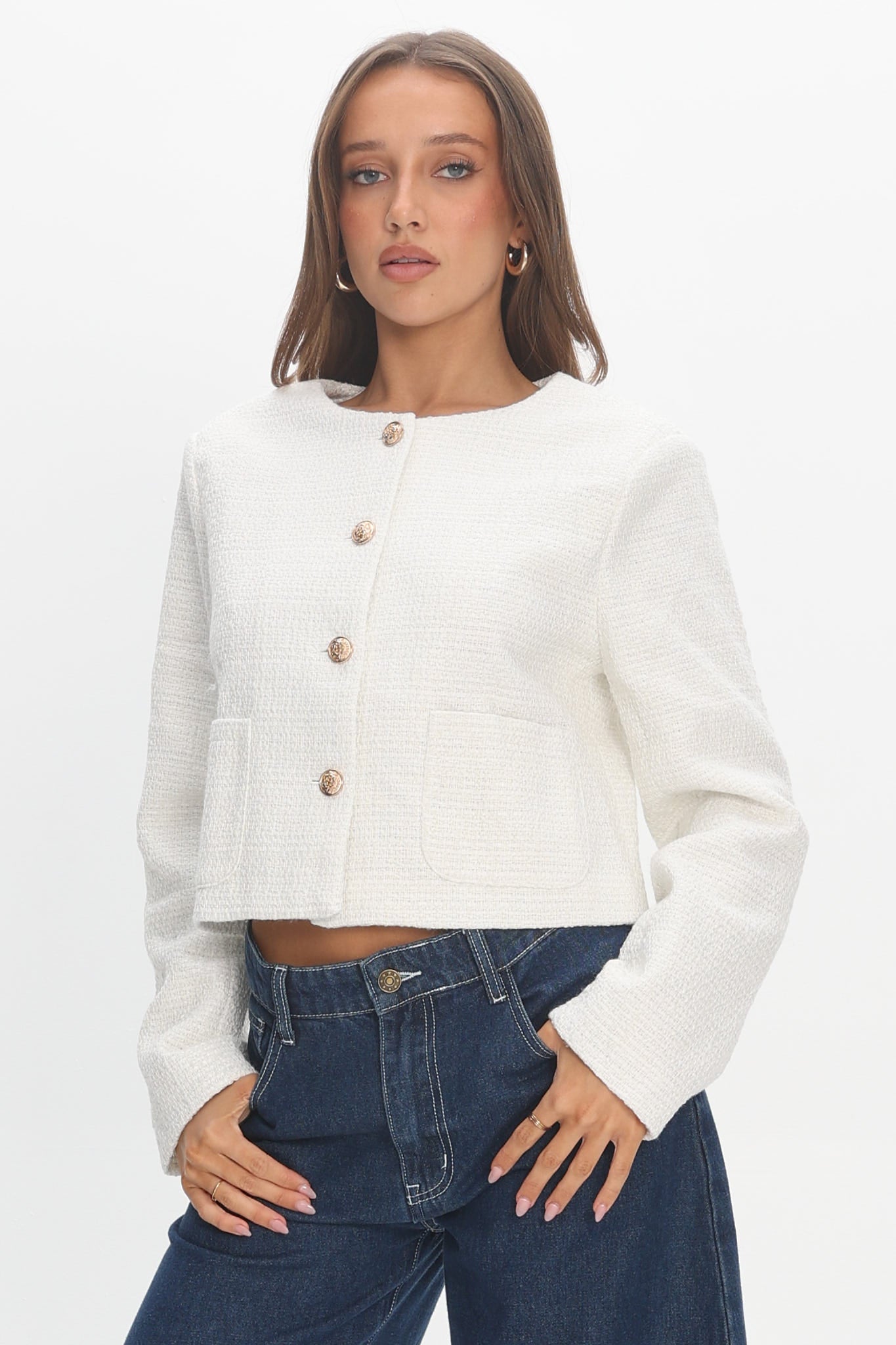 Beverly Hills Cropped Jacket Tweed White by Selfie Leslie Australia