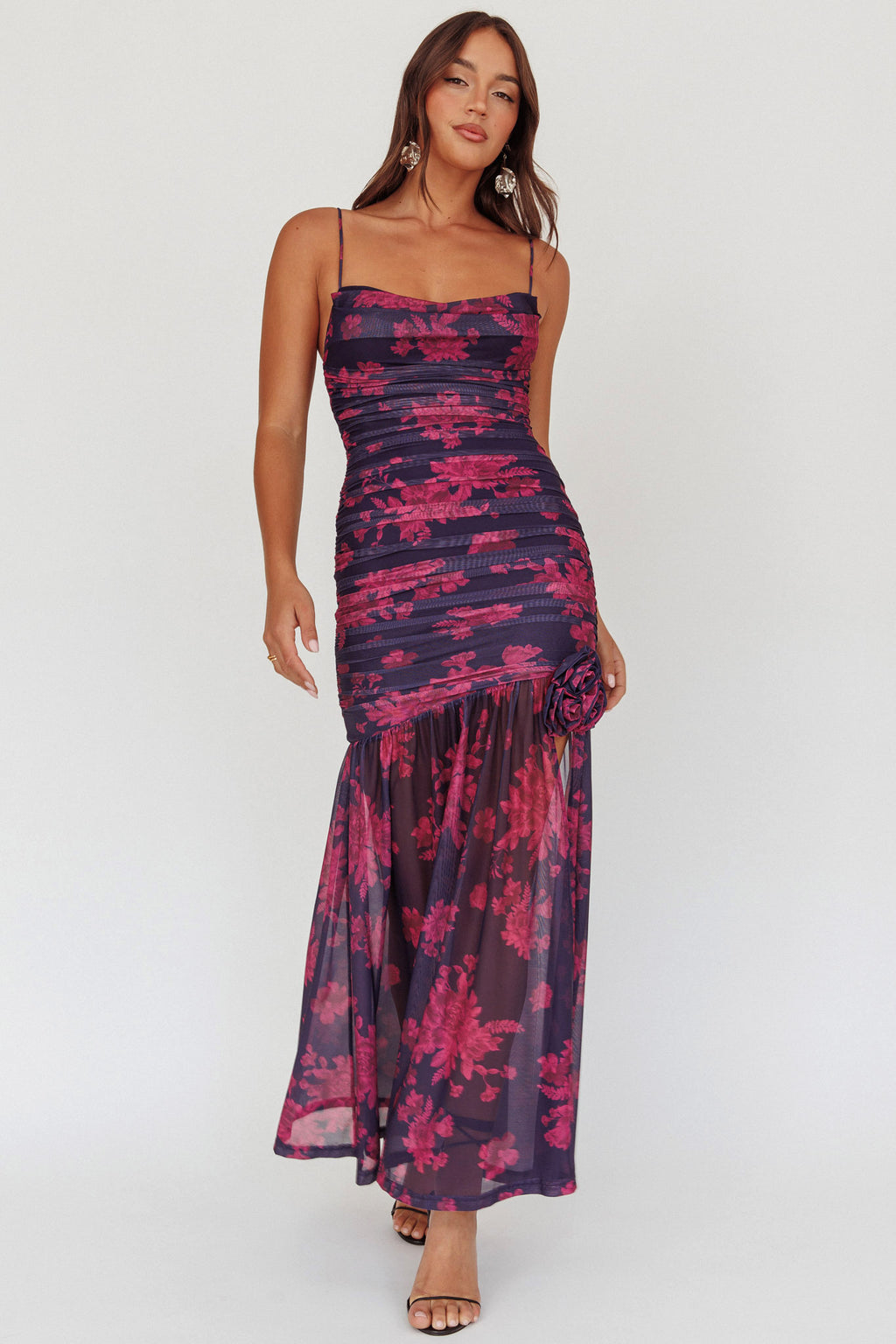 Stole The Show Ruched Mesh Maxi Dress Floral Grape by Selfie Leslie Australia