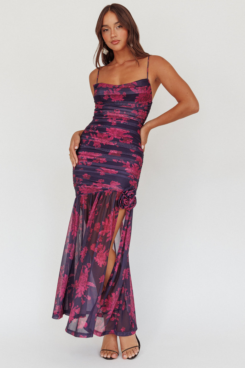 Stole The Show Ruched Mesh Maxi Dress Floral Grape by Selfie Leslie Australia