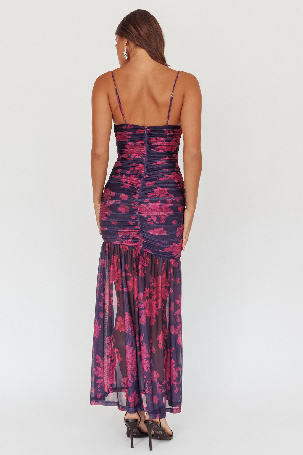 Stole The Show Ruched Mesh Maxi Dress Floral Grape by Selfie Leslie Australia
