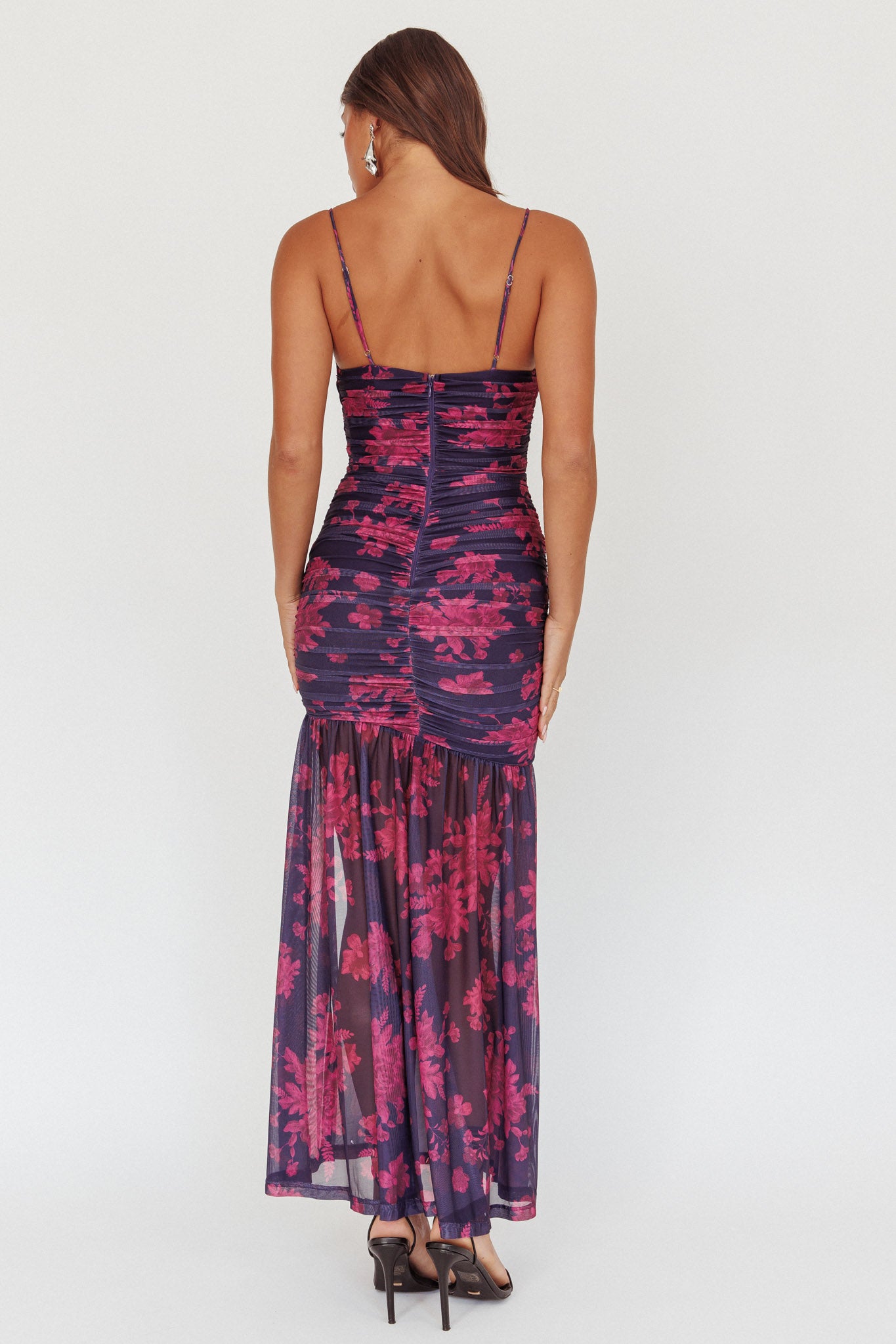 Stole The Show Ruched Mesh Maxi Dress Floral Grape by Selfie Leslie Australia