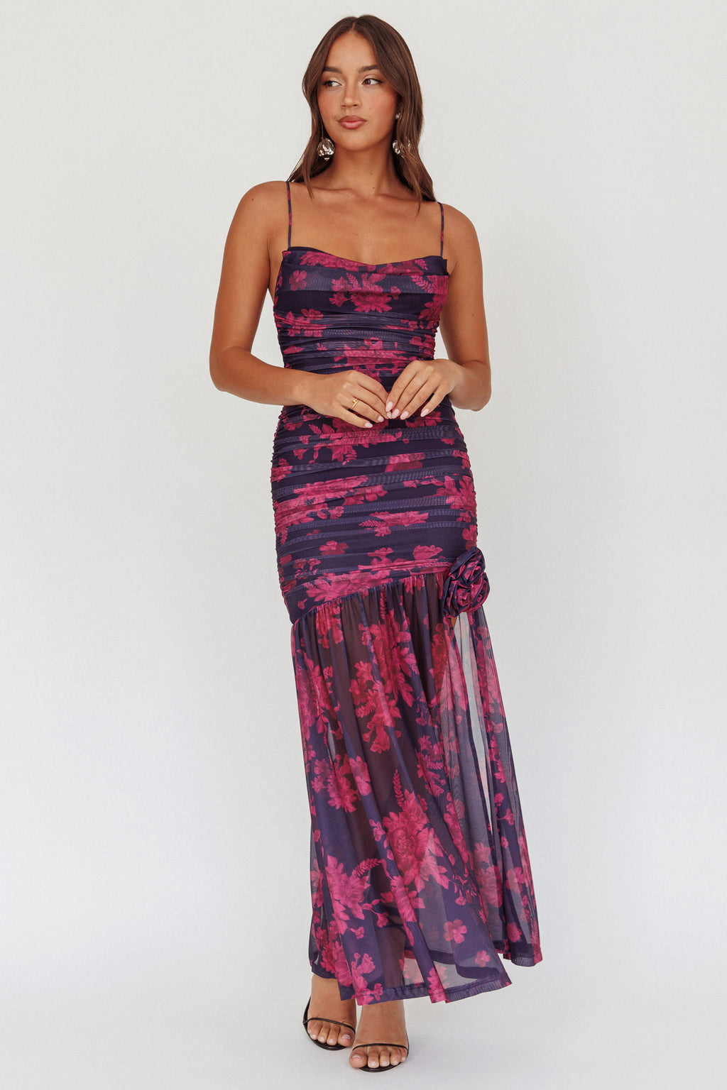 Stole The Show Ruched Mesh Maxi Dress Floral Grape by Selfie Leslie Australia