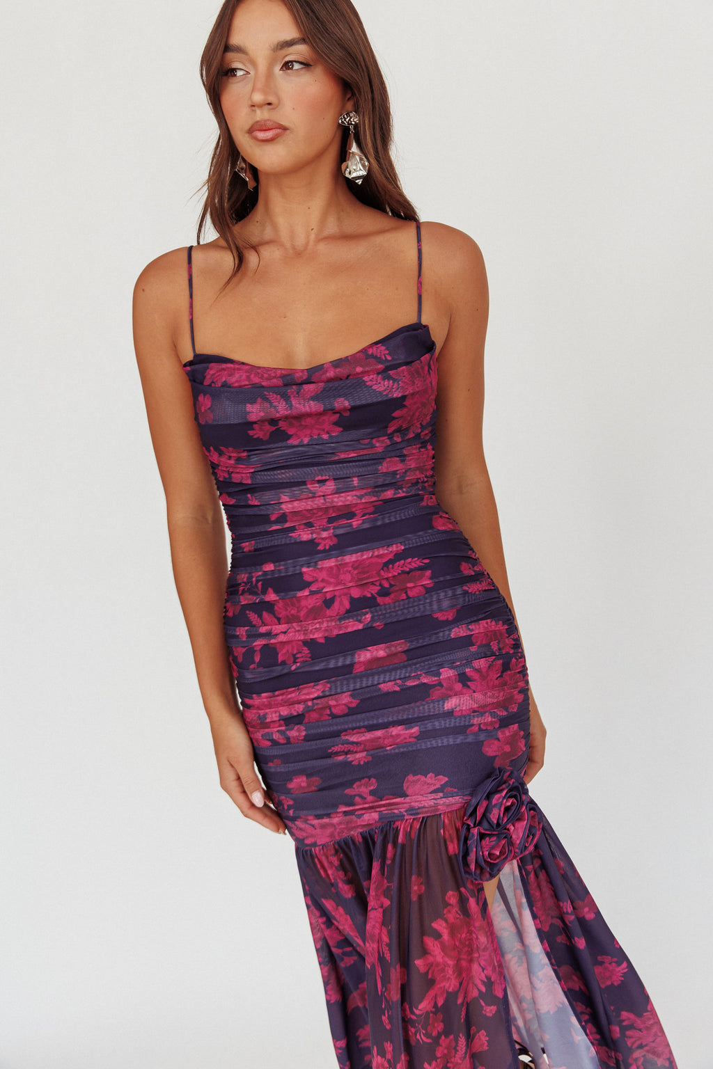 Stole The Show Ruched Mesh Maxi Dress Floral Grape by Selfie Leslie Australia