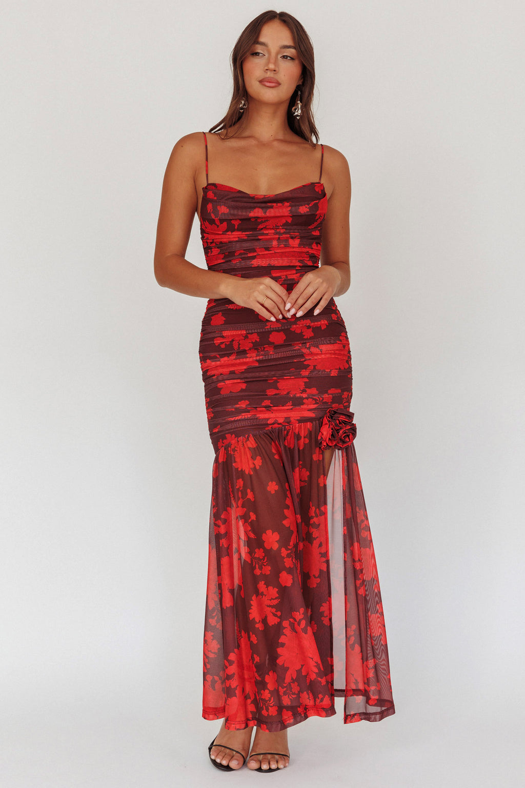 Stole The Show Ruched Mesh Maxi Dress Floral Red by Selfie Leslie Australia