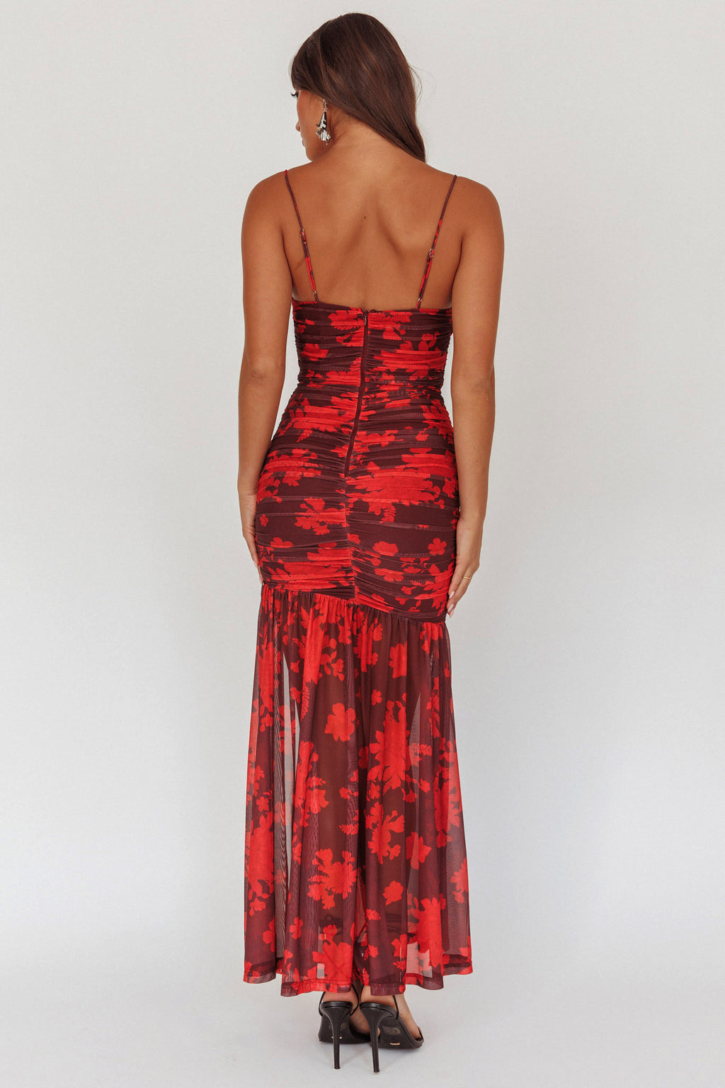 Stole The Show Ruched Mesh Maxi Dress Floral Red by Selfie Leslie Australia