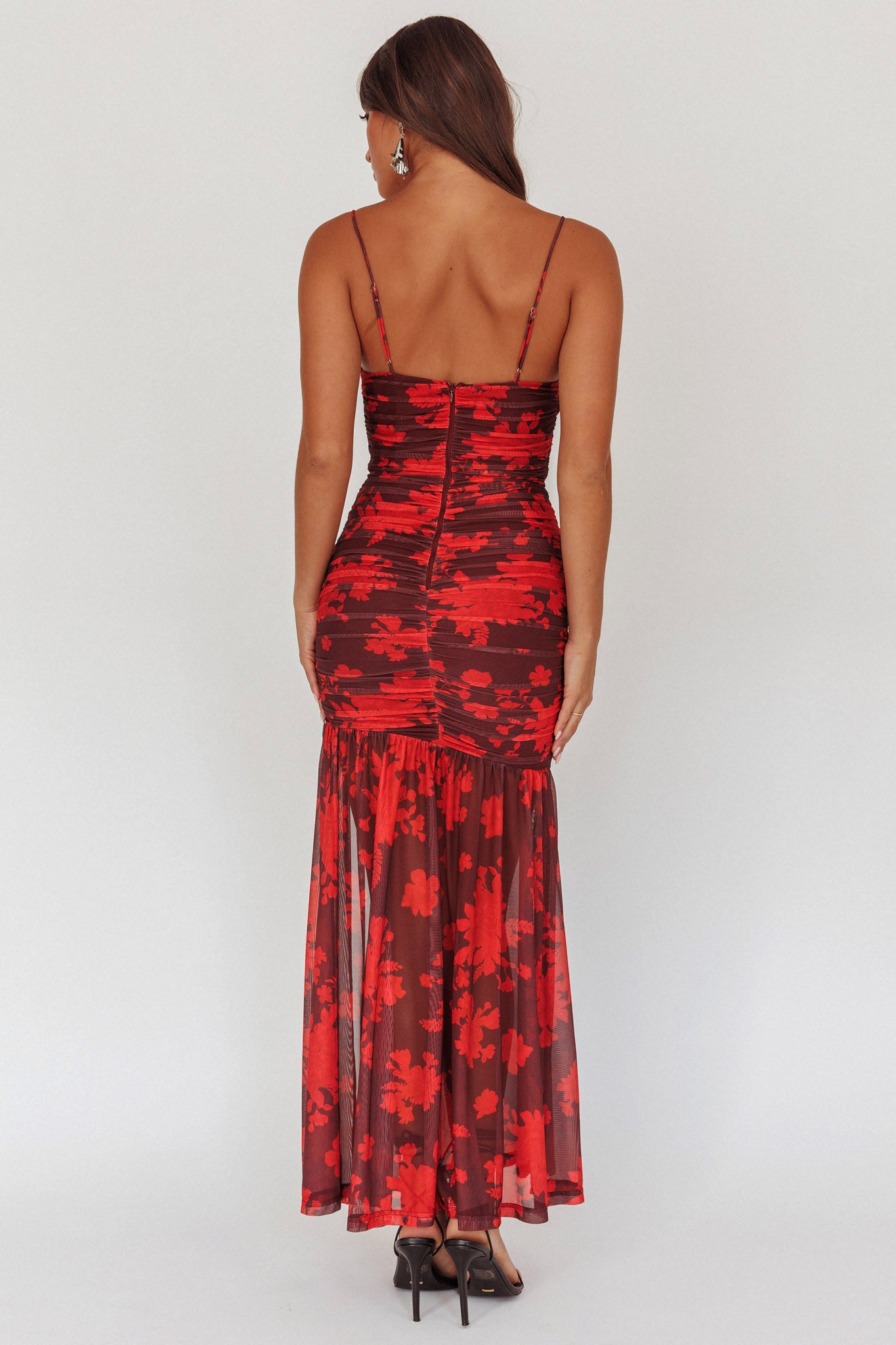 Stole The Show Ruched Mesh Maxi Dress Floral Red by Selfie Leslie Australia