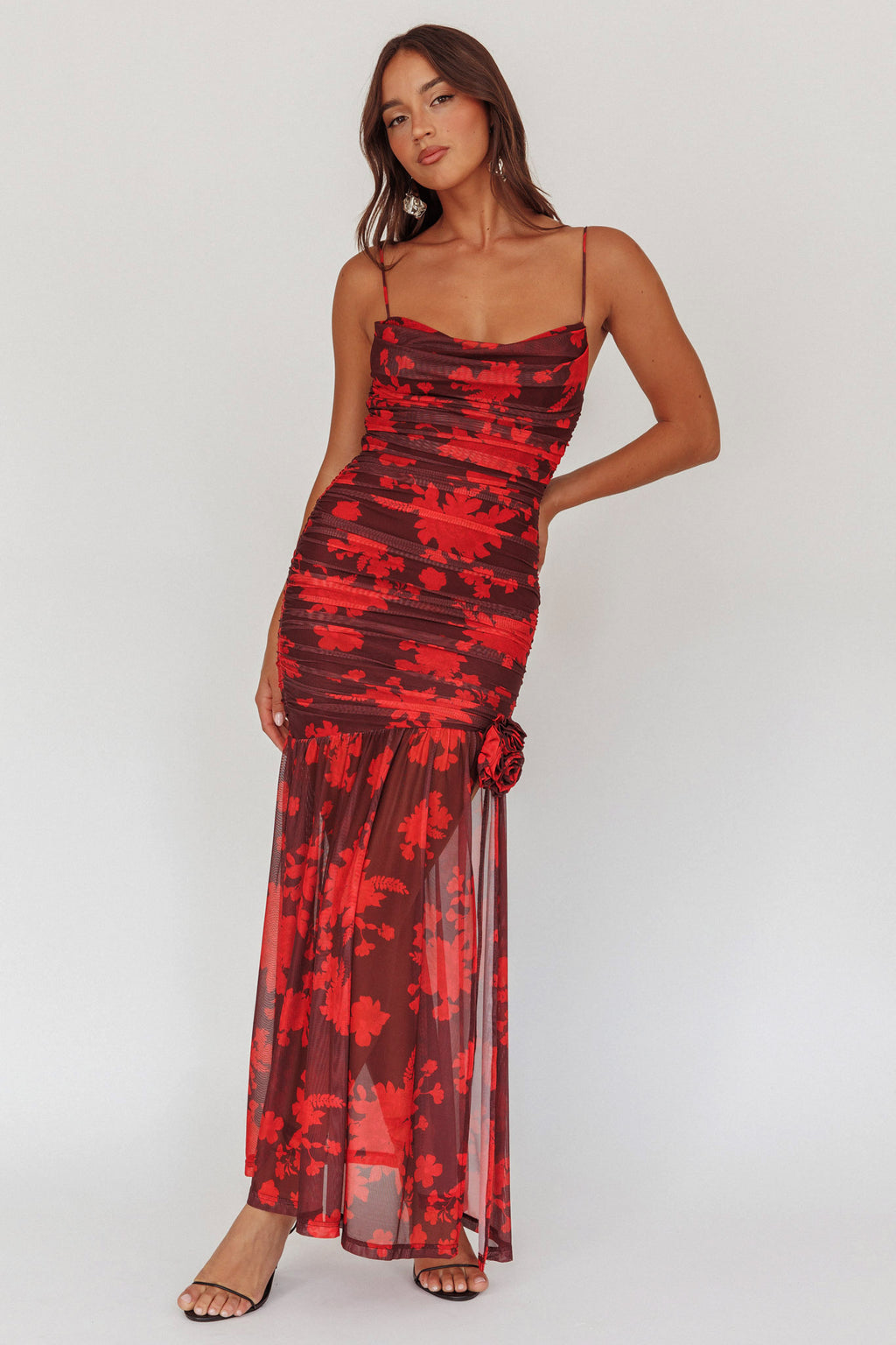 Stole The Show Ruched Mesh Maxi Dress Floral Red by Selfie Leslie Australia