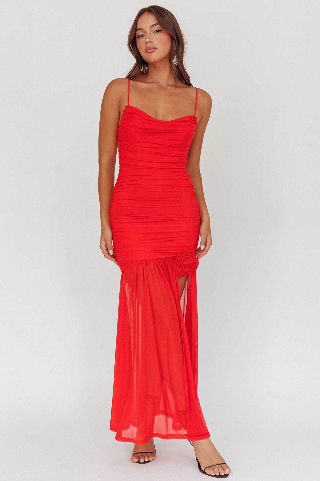 Stole The Show Ruched Mesh Maxi Dress Red by Selfie Leslie Australia