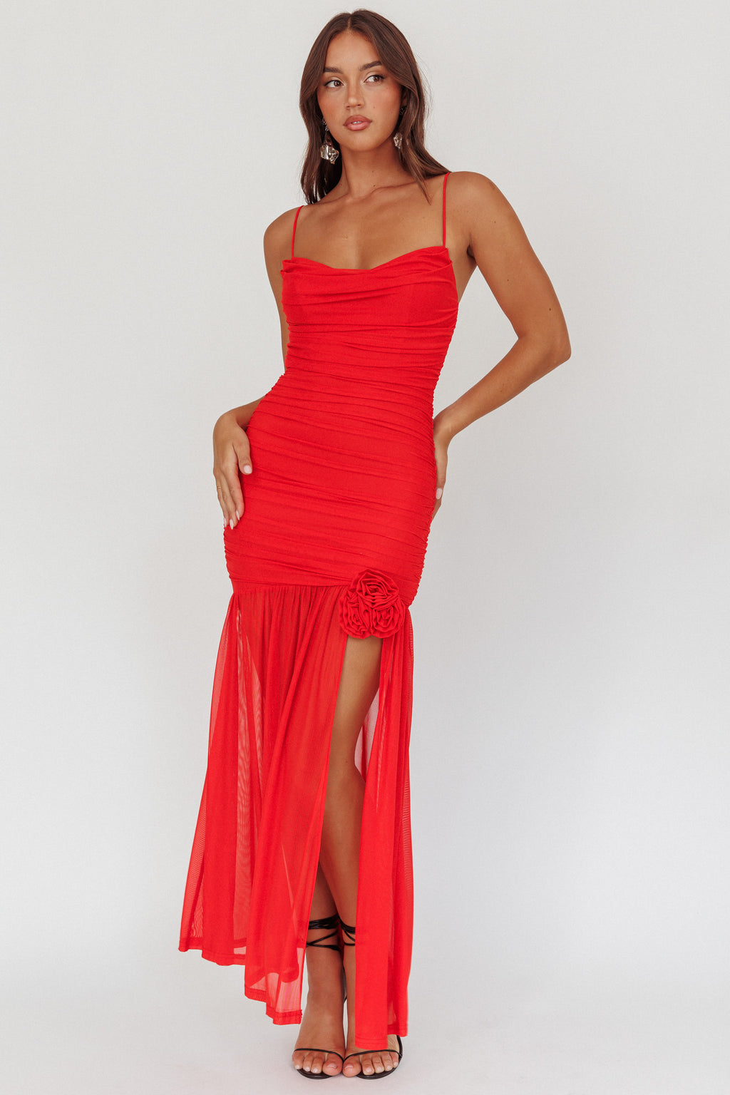 Stole The Show Ruched Mesh Maxi Dress Red by Selfie Leslie Australia