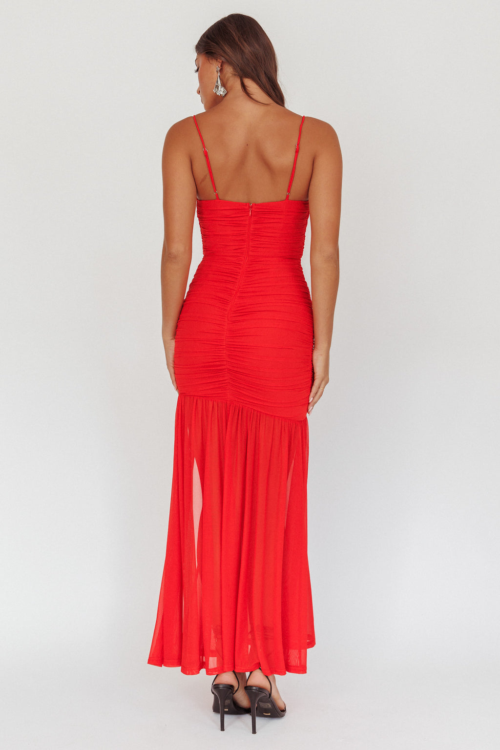 Stole The Show Ruched Mesh Maxi Dress Red by Selfie Leslie Australia