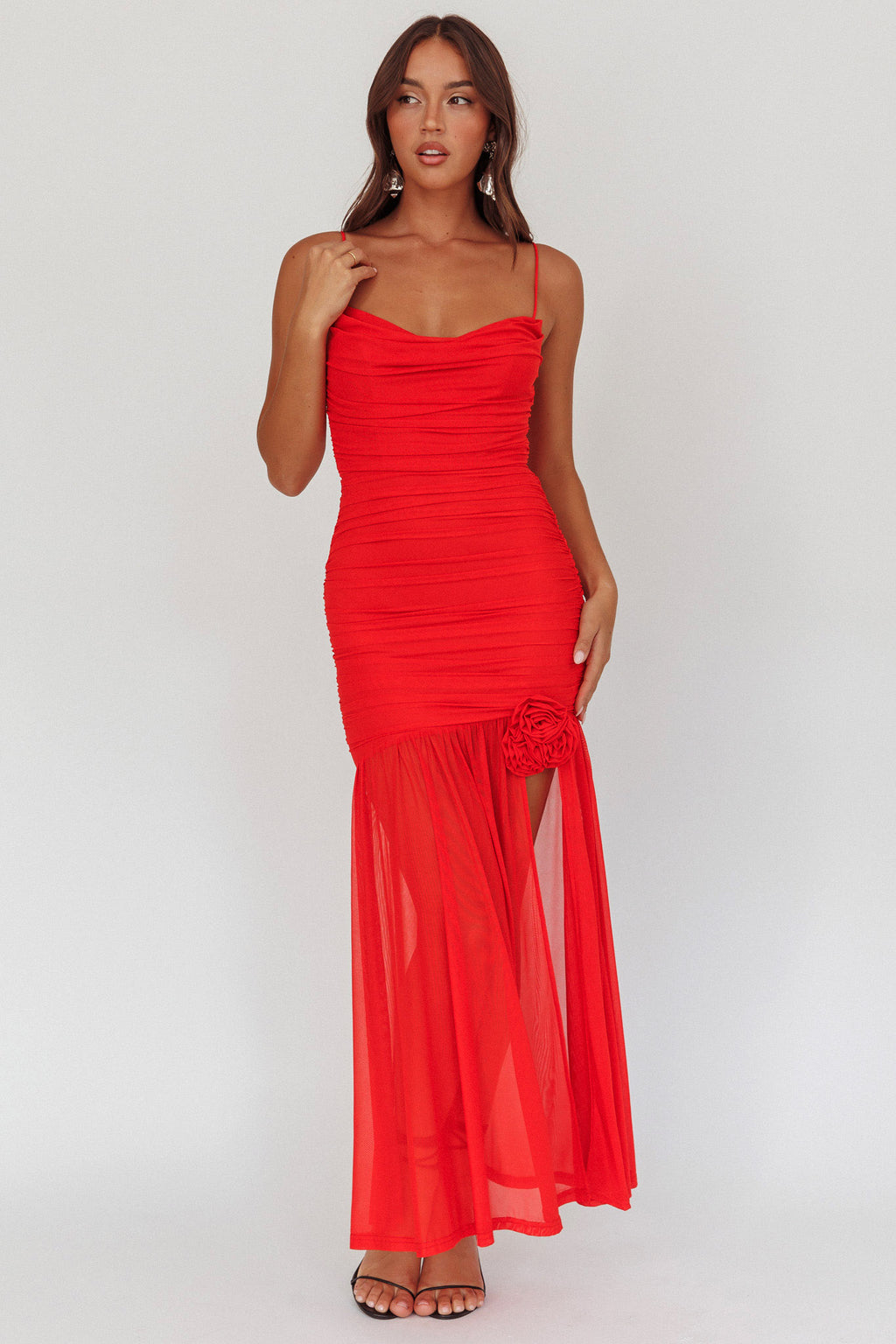 Stole The Show Ruched Mesh Maxi Dress Red by Selfie Leslie Australia