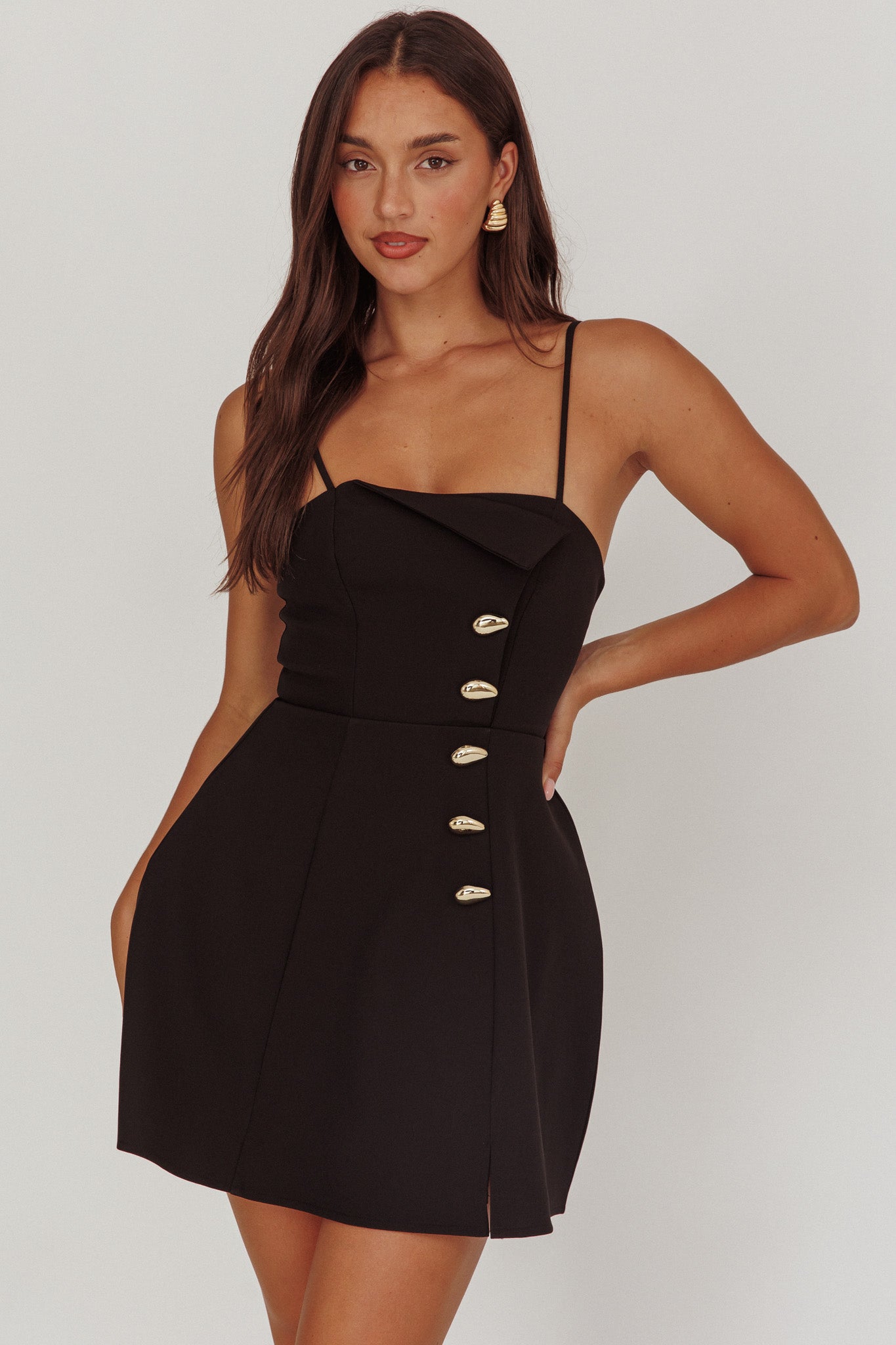 Captivated Button Feature Mini Dress Black by Selfie Leslie Australia