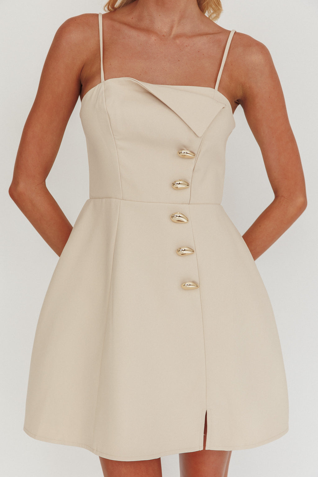 Captivated Button Feature Mini Dress Stone by Selfie Leslie Australia