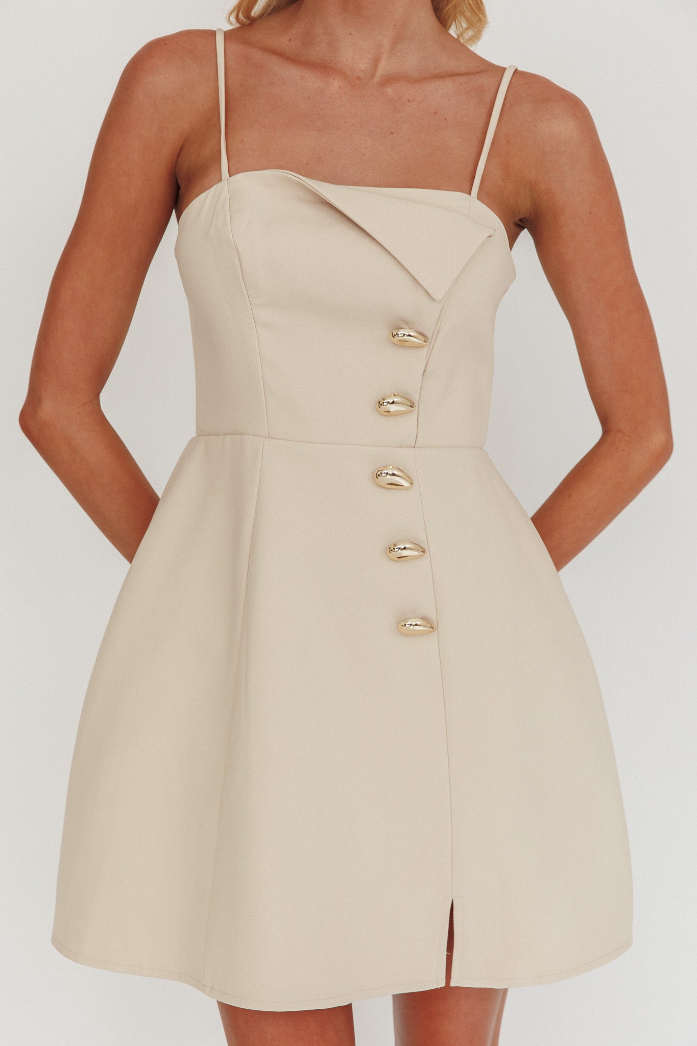 Captivated Button Feature Mini Dress Stone by Selfie Leslie Australia