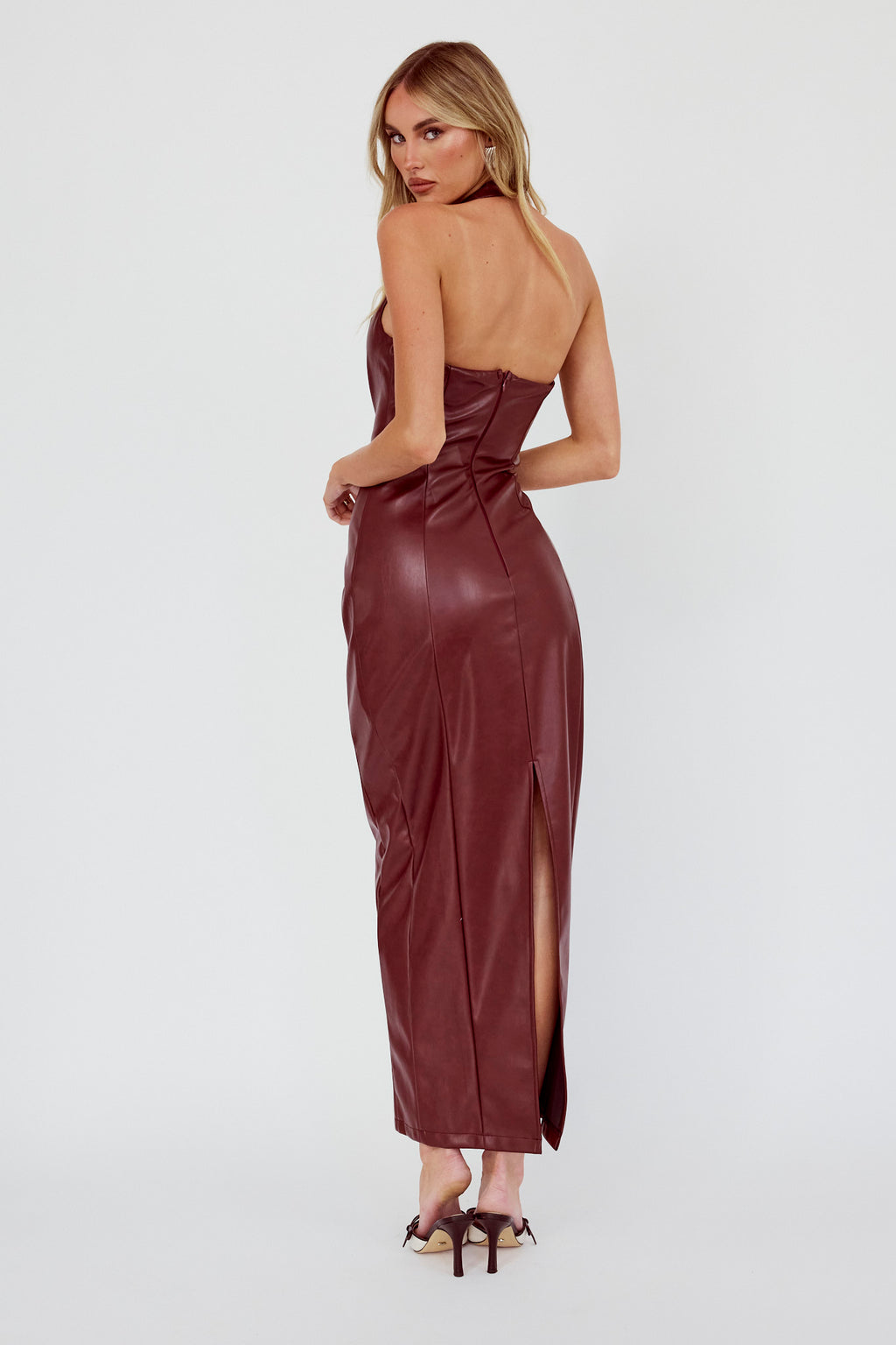 Marella Halterneck Faux Leather Maxi Dress Wine by Selfie Leslie Australia