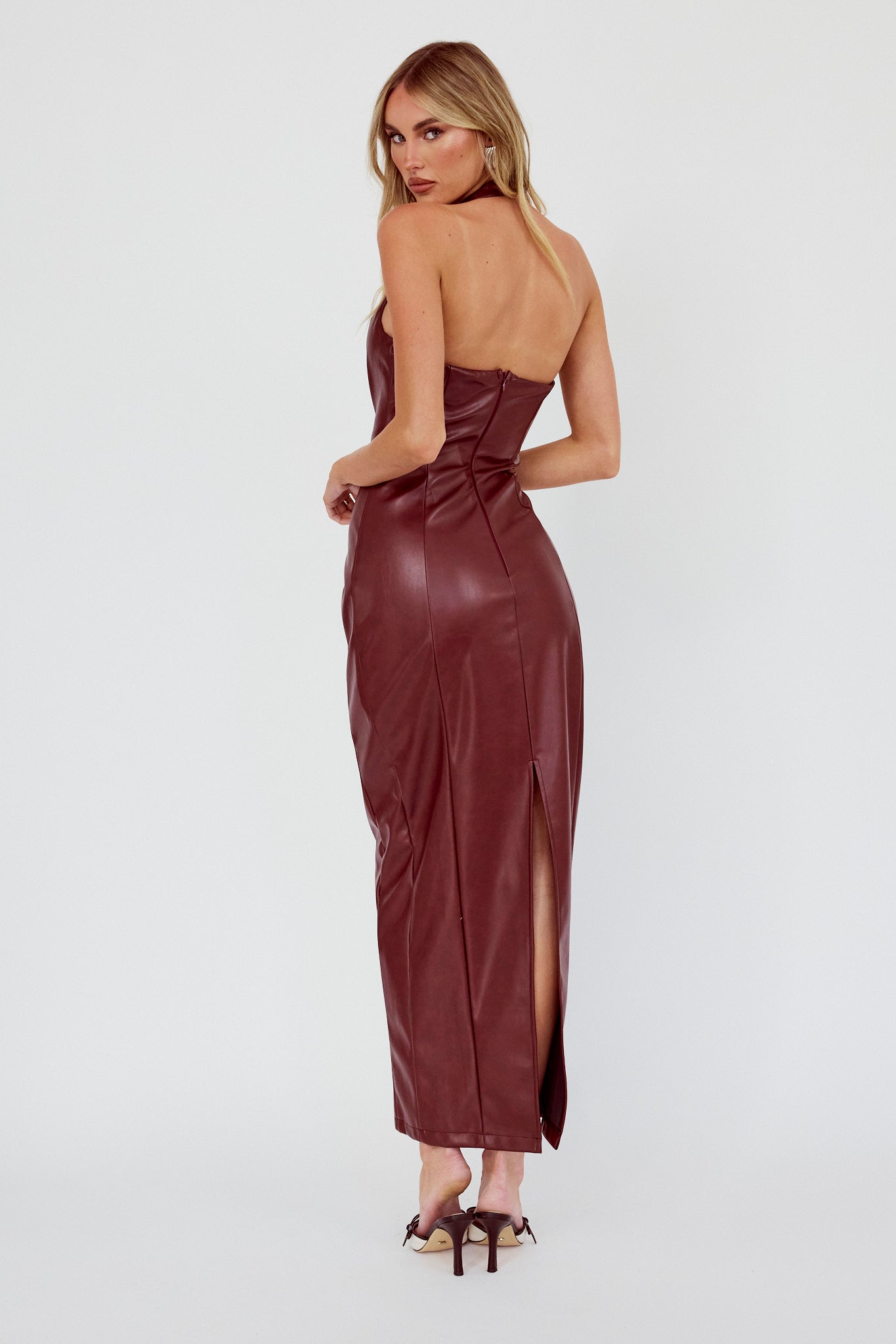 Marella Halterneck Faux Leather Maxi Dress Wine by Selfie Leslie Australia