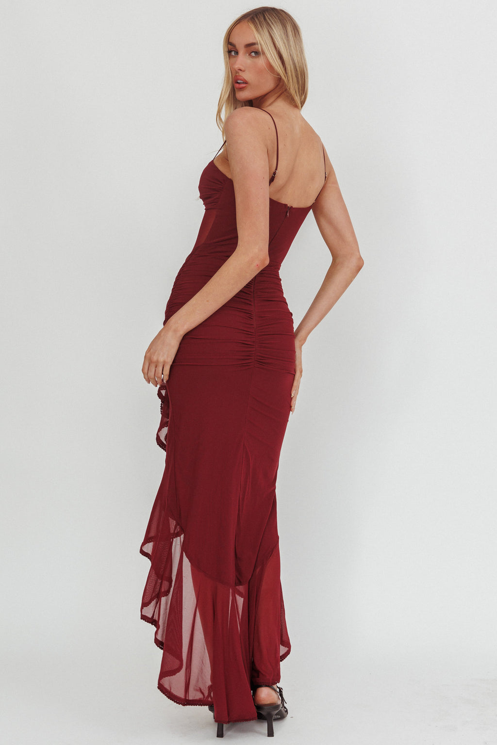 Kamilah Sheer Waist Ruched Ruffle Maxi Dress Wine by Selfie Leslie Australia