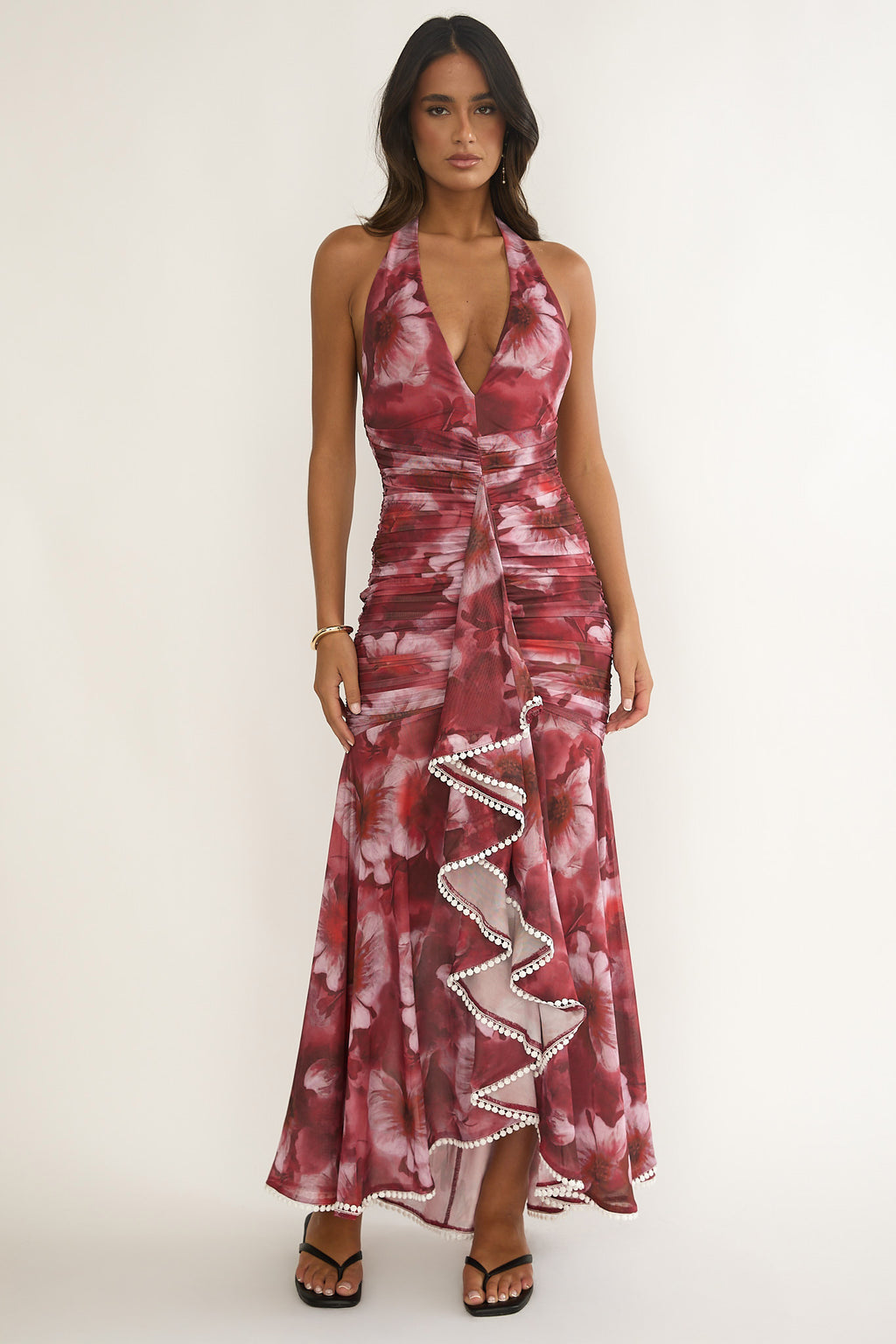 Kamilah Ruched Ruffle Maxi Dress Floral Red by Selfie Leslie Australia
