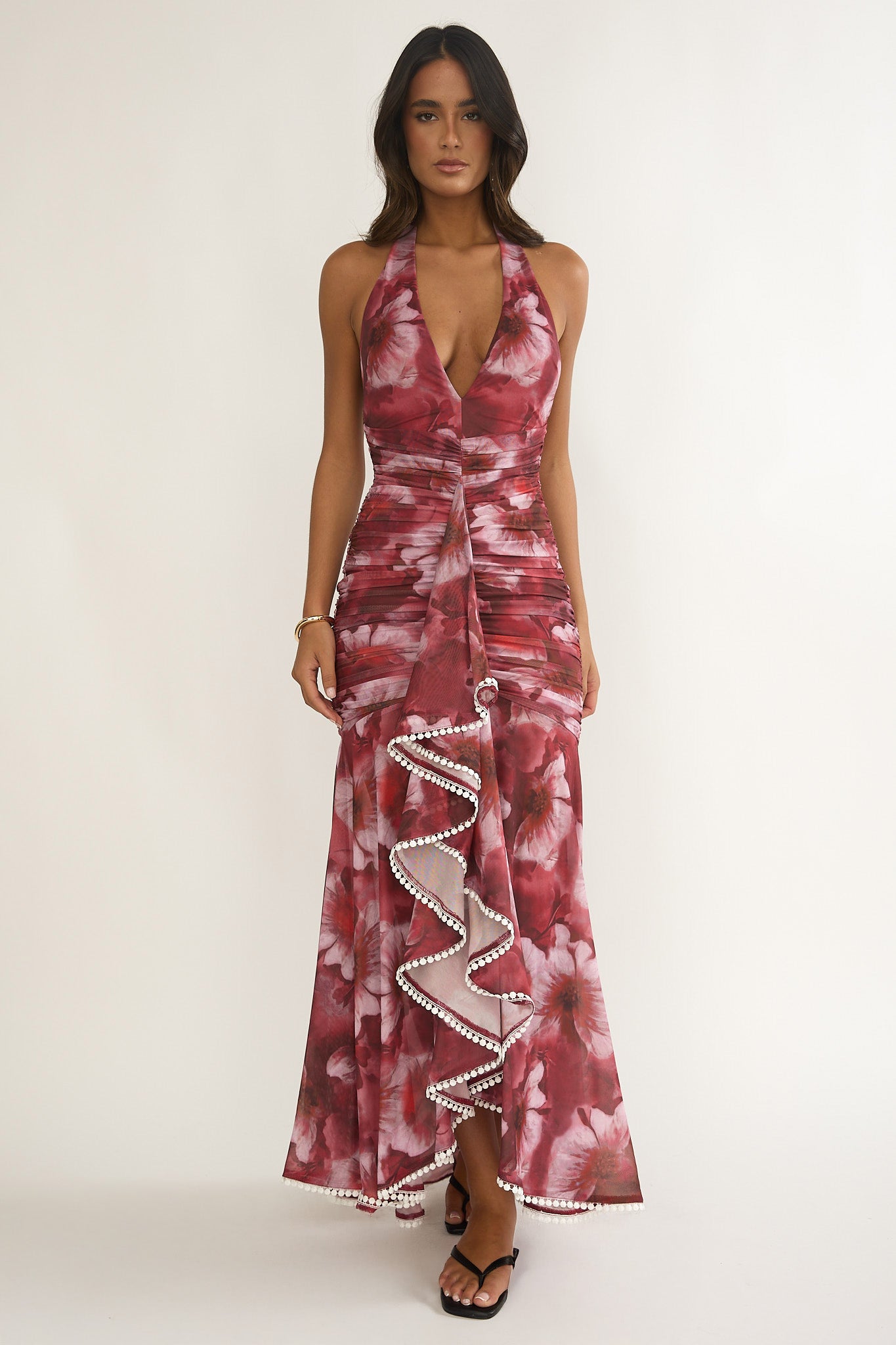 Kamilah Ruched Ruffle Maxi Dress Floral Red by Selfie Leslie Australia