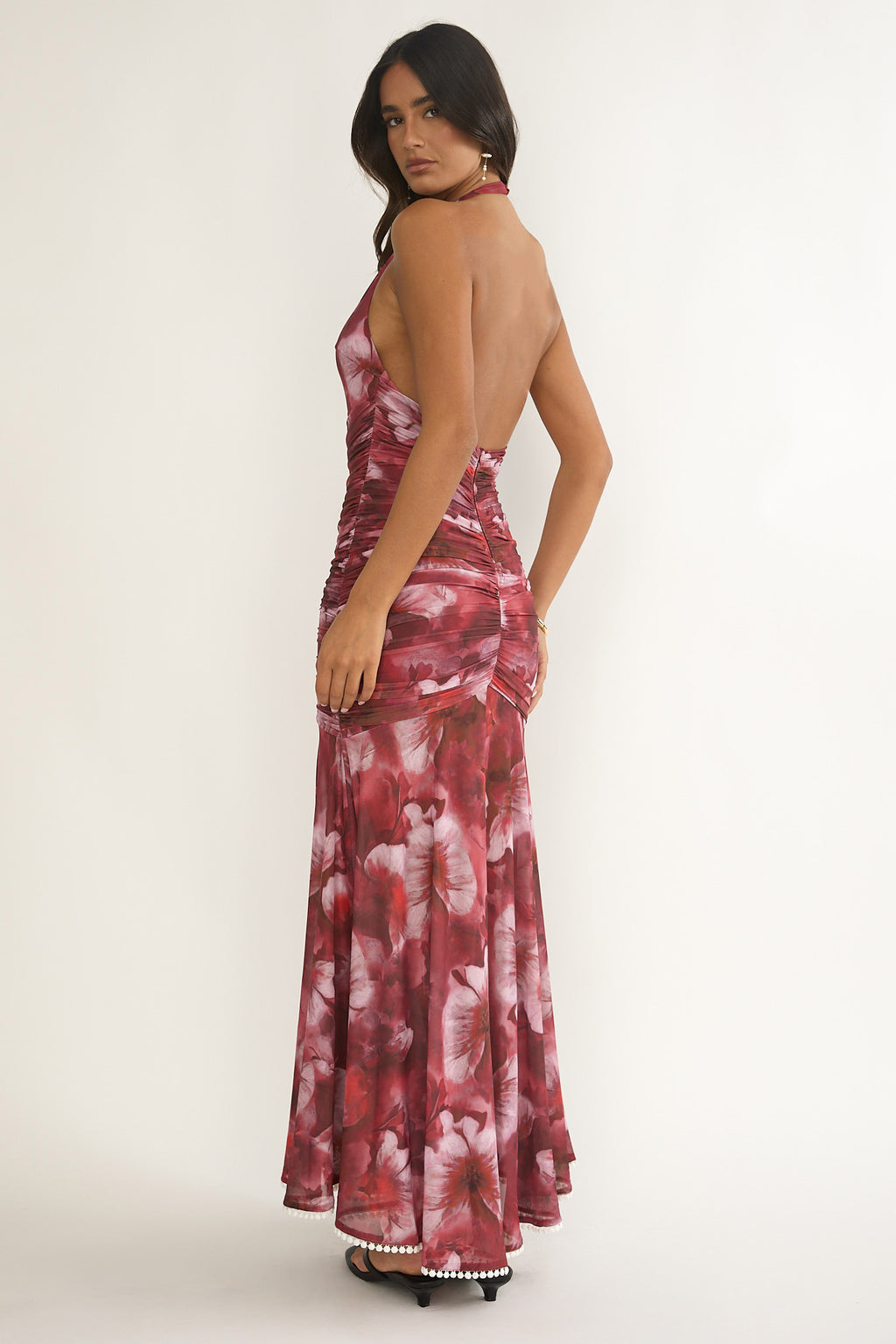Kamilah Ruched Ruffle Maxi Dress Floral Red by Selfie Leslie Australia