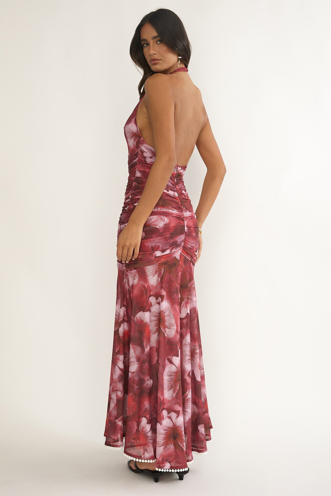 Kamilah Ruched Ruffle Maxi Dress Floral Red by Selfie Leslie Australia