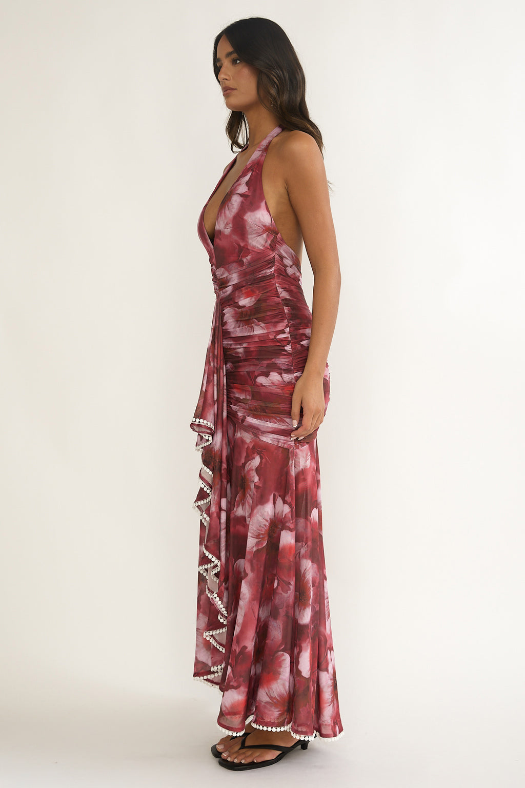 Kamilah Ruched Ruffle Maxi Dress Floral Red by Selfie Leslie Australia