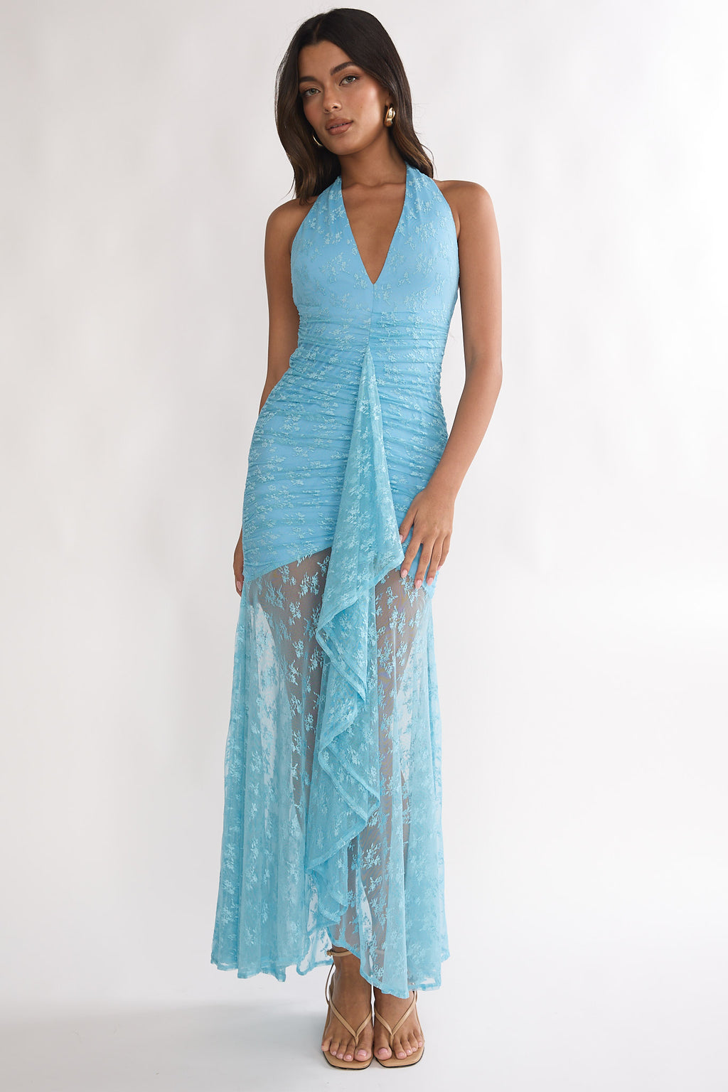Kamilah Ruched Ruffle Maxi Dress Lace Teal by Selfie Leslie Australia