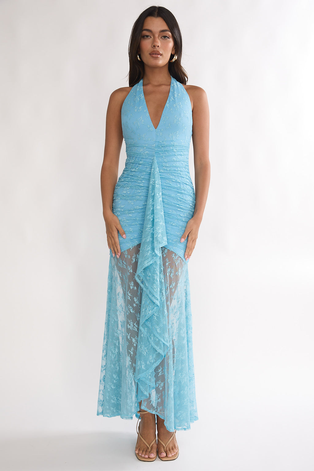 Kamilah Ruched Ruffle Maxi Dress Lace Teal by Selfie Leslie Australia